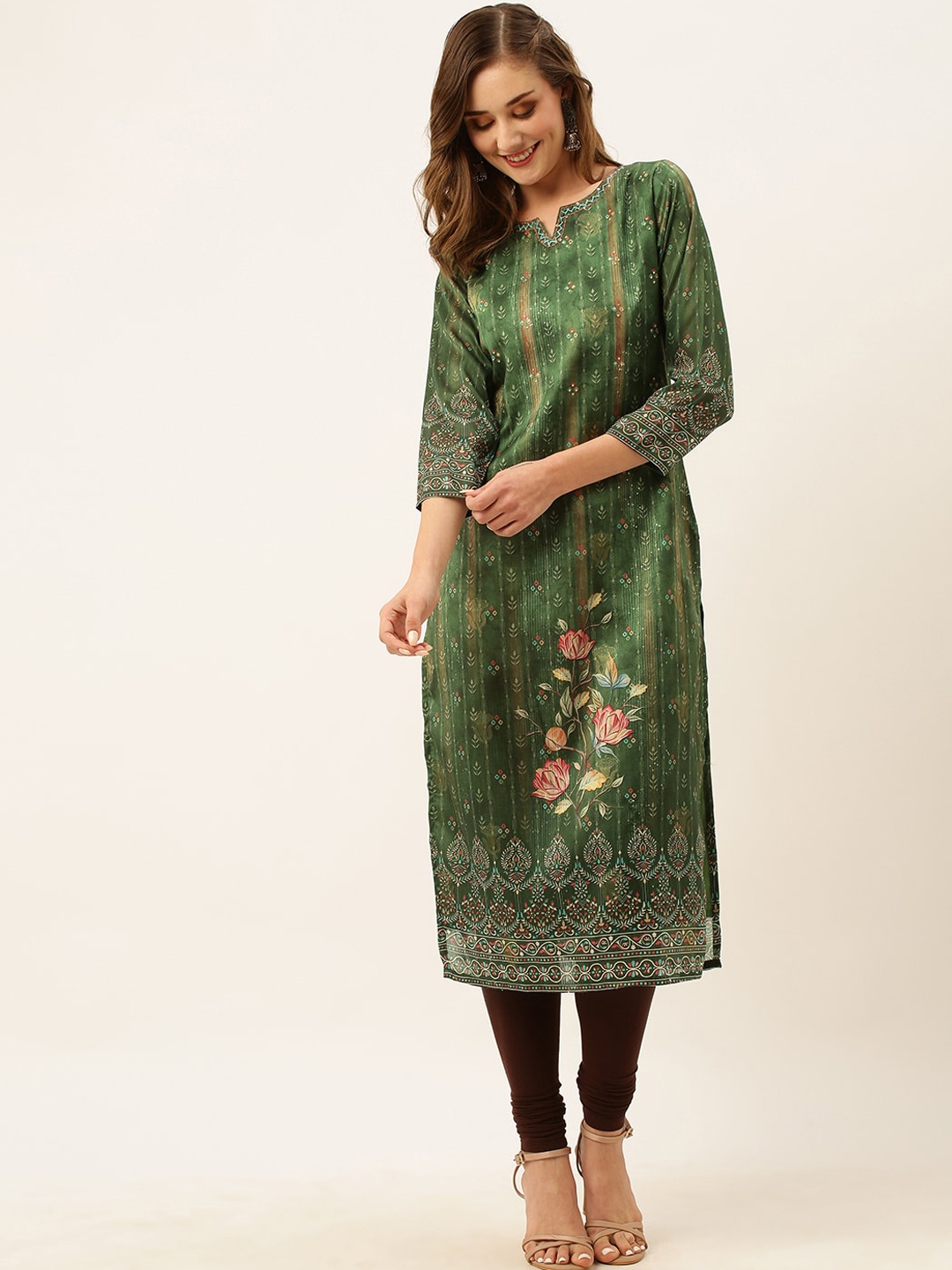

ZOLA Floral Printed Pure Cotton Straight Kurta, Green