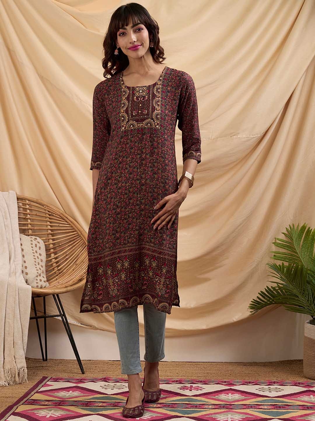 

ZOLA Ethnic Motifs Printed Straight Kurta, Maroon