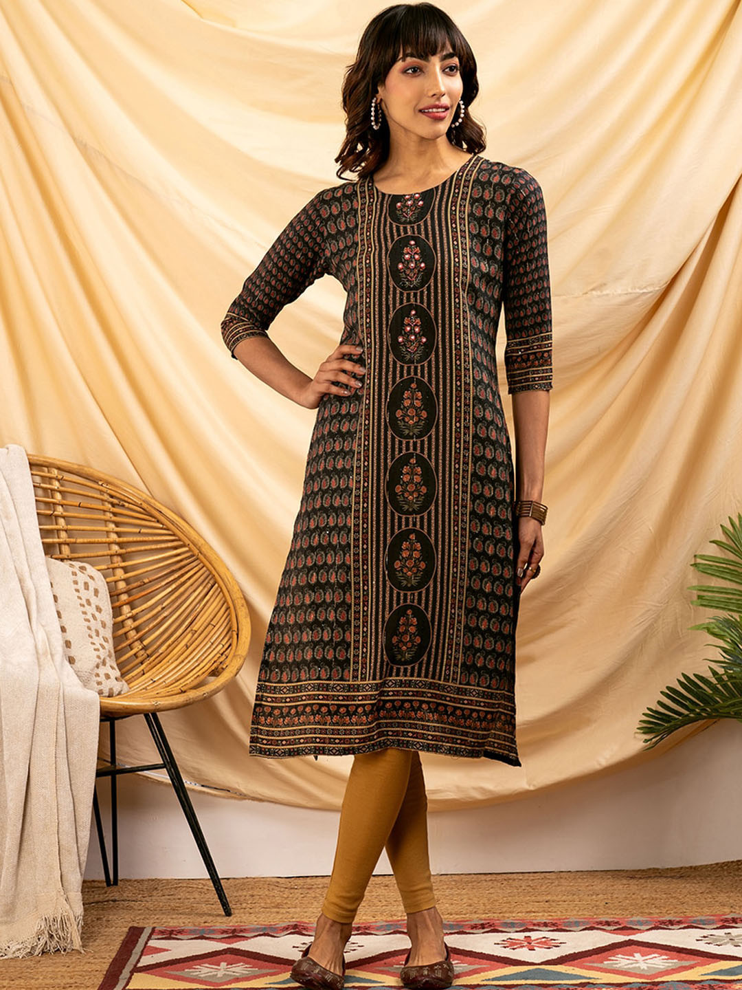 

ZOLA Ethnic Motifs Printed Beads & Stones Pure Cotton Straight Kurta, Brown