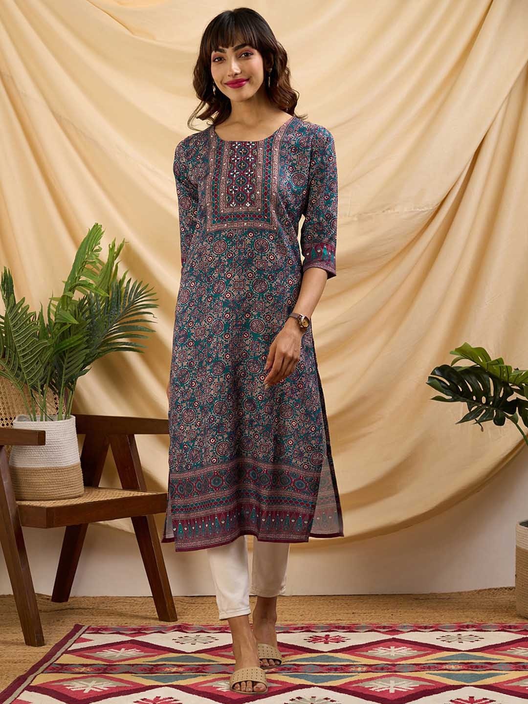 

ZOLA Teal Ethnic Motif Printed Mirror Work Straight Calf Length Kurta