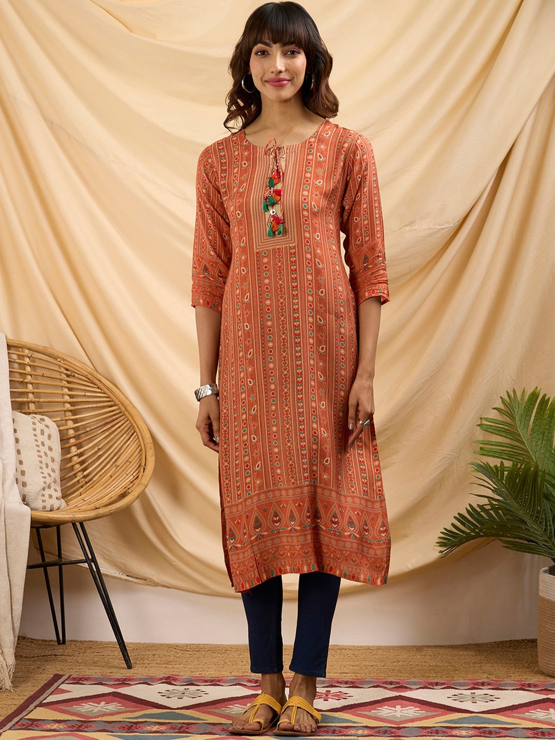 

ZOLA Ethnic Motifs Printed Straight Cotton Kurta, Orange