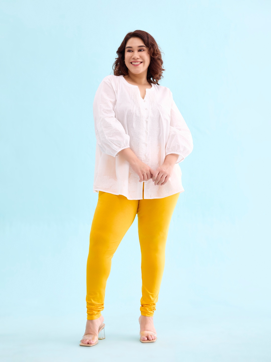 Go Colors Women Yellow Solid Churidar Length Leggings
