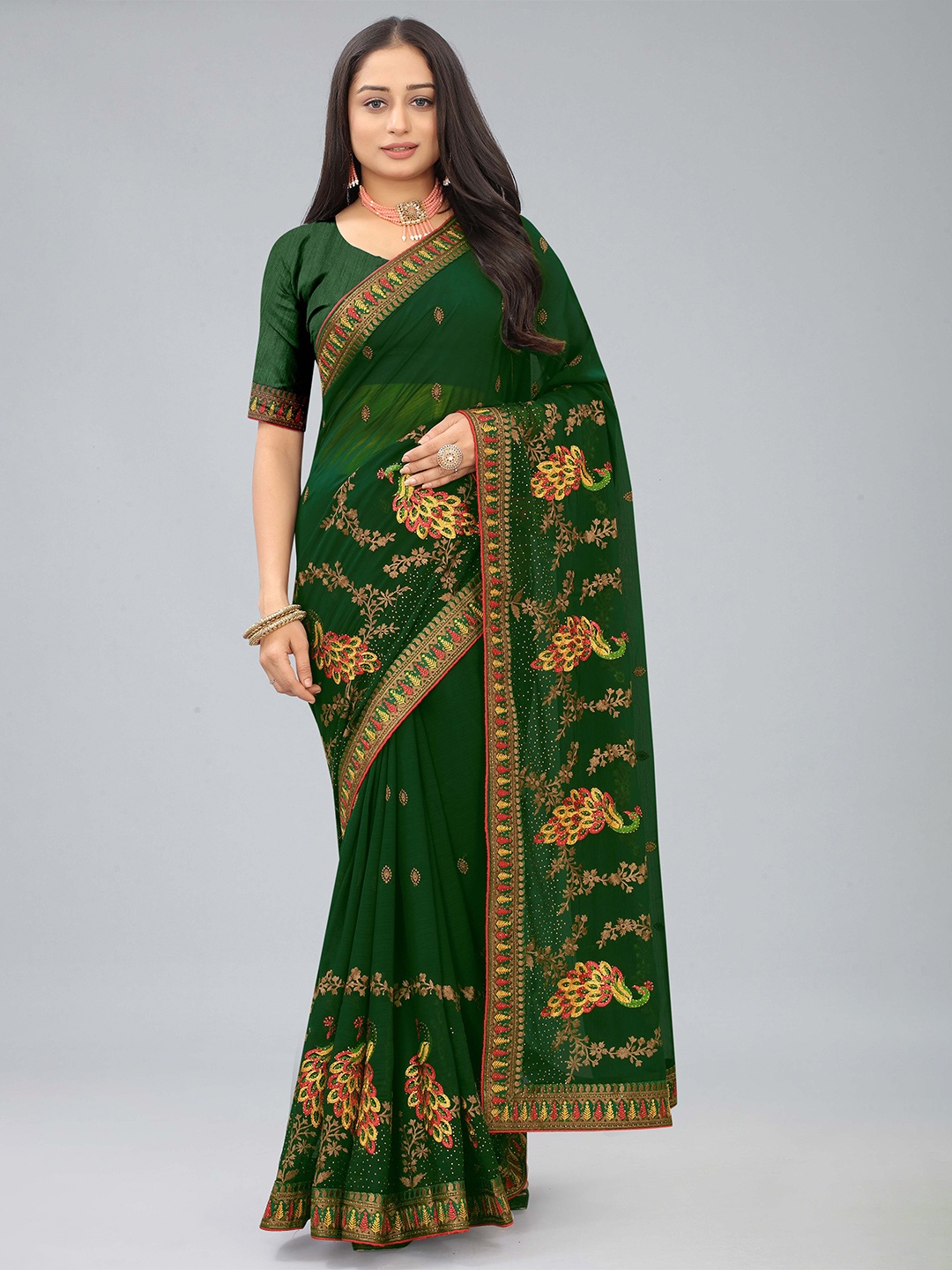 

Kiwie Ethnic Motifs Beads and Stones Emboridered Saree, Green
