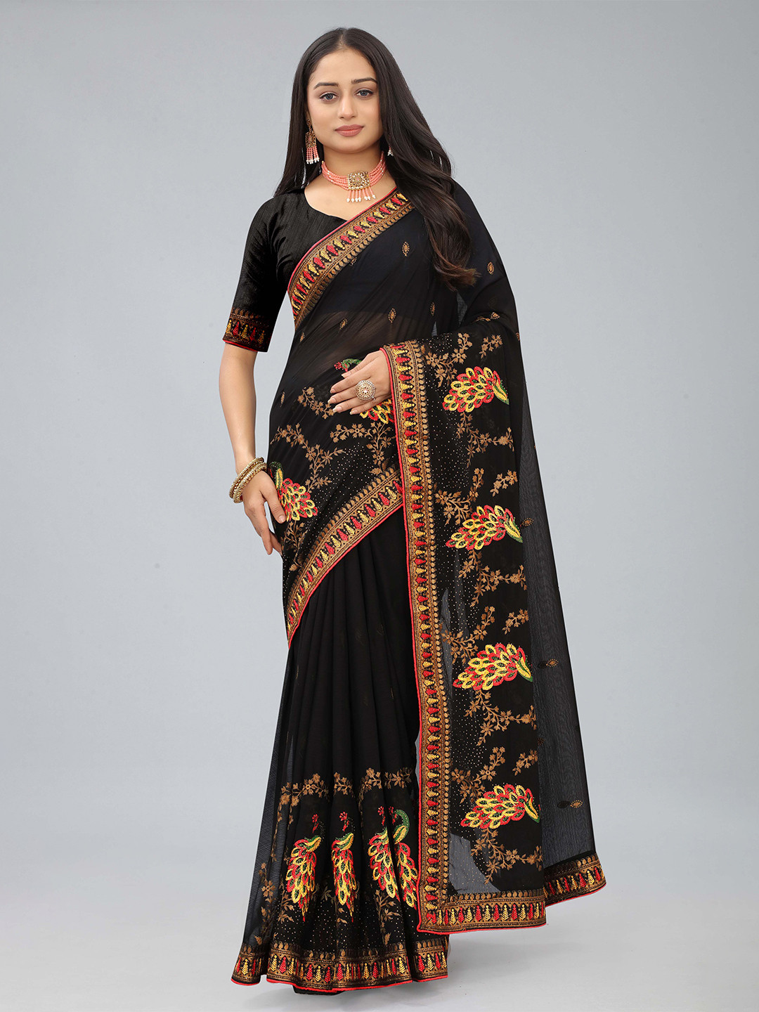 

Kiwie Black Beads and Stones Chiffon Heavy Work Saree with Blouse