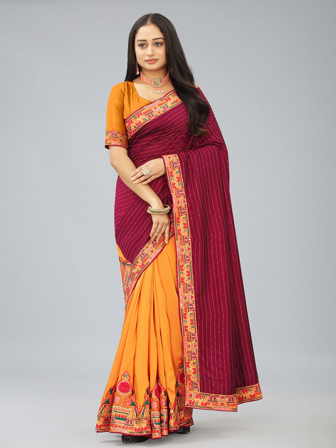

Kiwie Art Silk Half and Half Saree, Maroon
