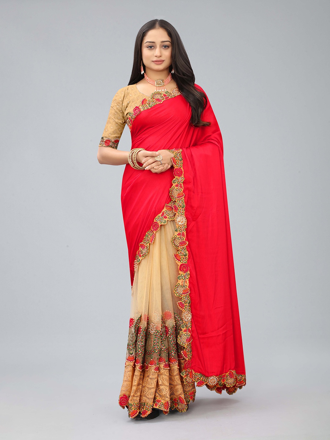 

Kiwie Embroidered Net Half and Half Saree, Red