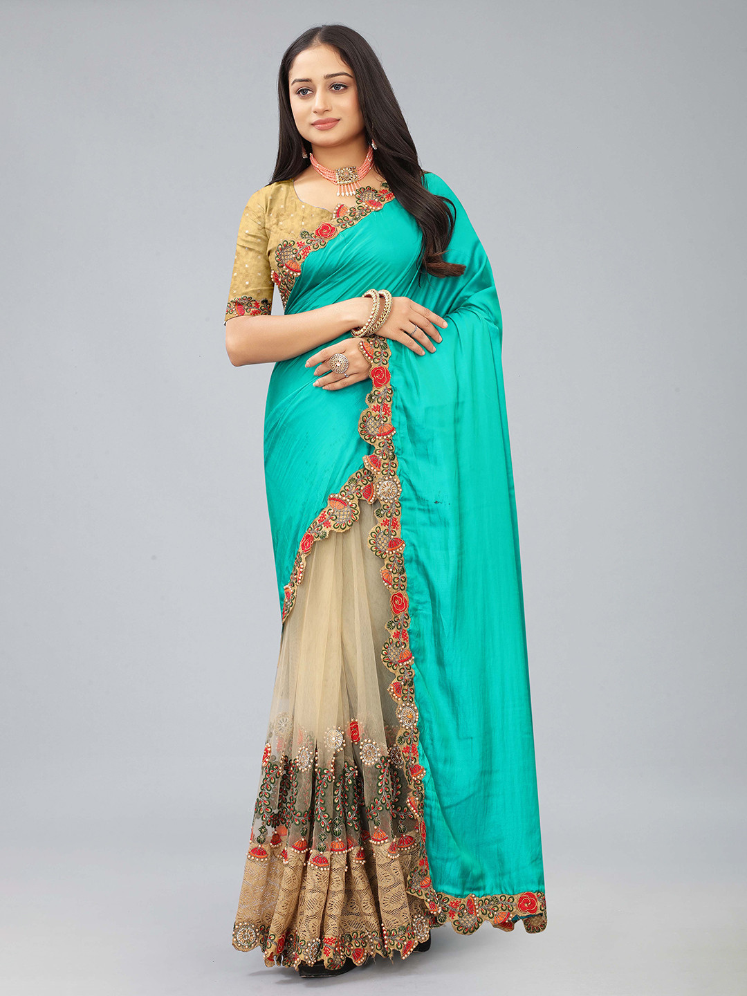 

Kiwie Embroidered Net Half & Half Saree, Blue