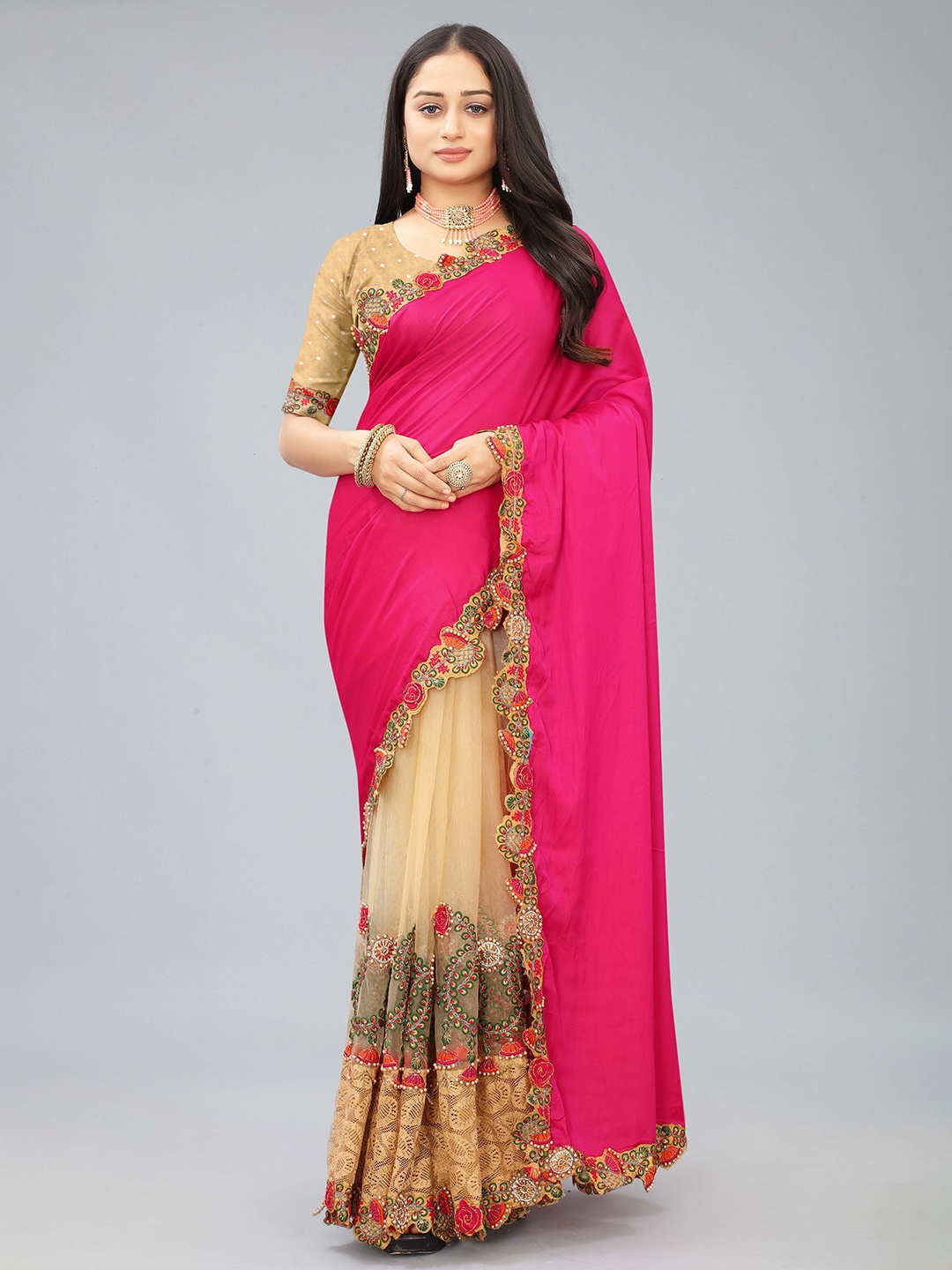 

Kiwie Embroidered Net Half and Half Saree, Pink