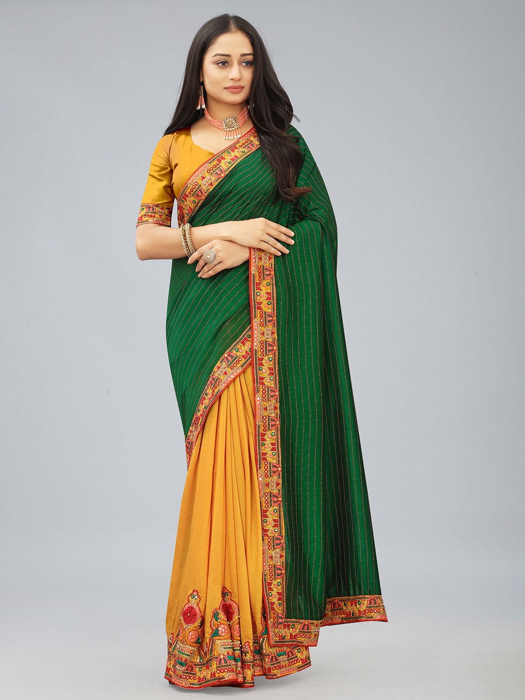 

Kiwie Floral Embroidered Art Silk Half and Half Saree, Green