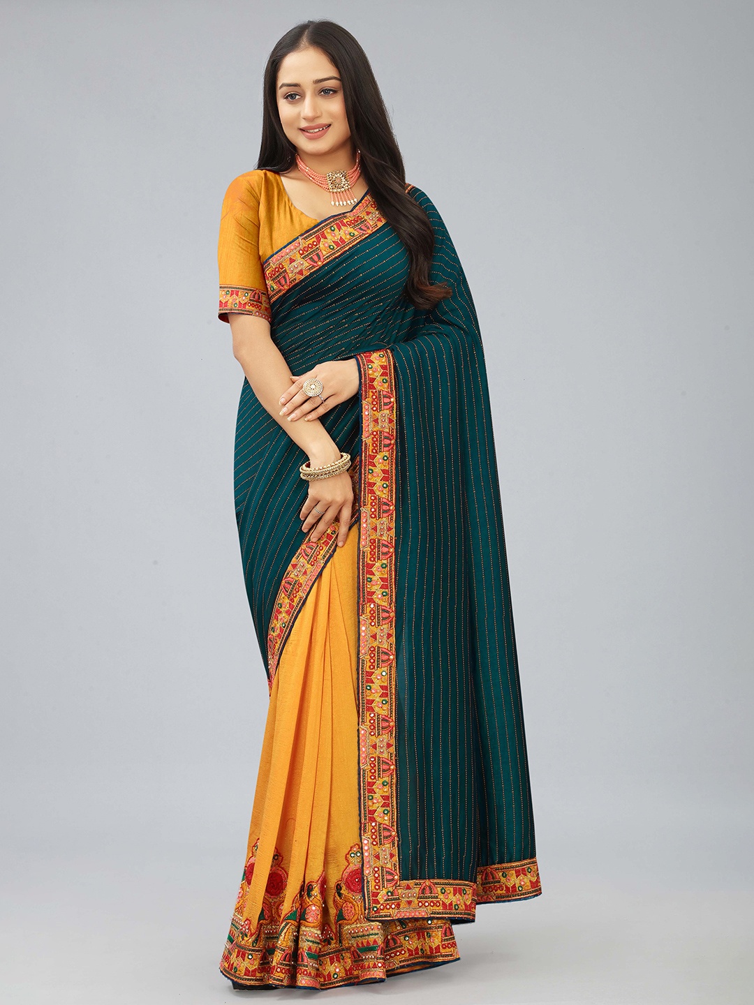 

Kiwie Teal & Yellow Sequinned Art Silk Half and Half Saree with Blouse
