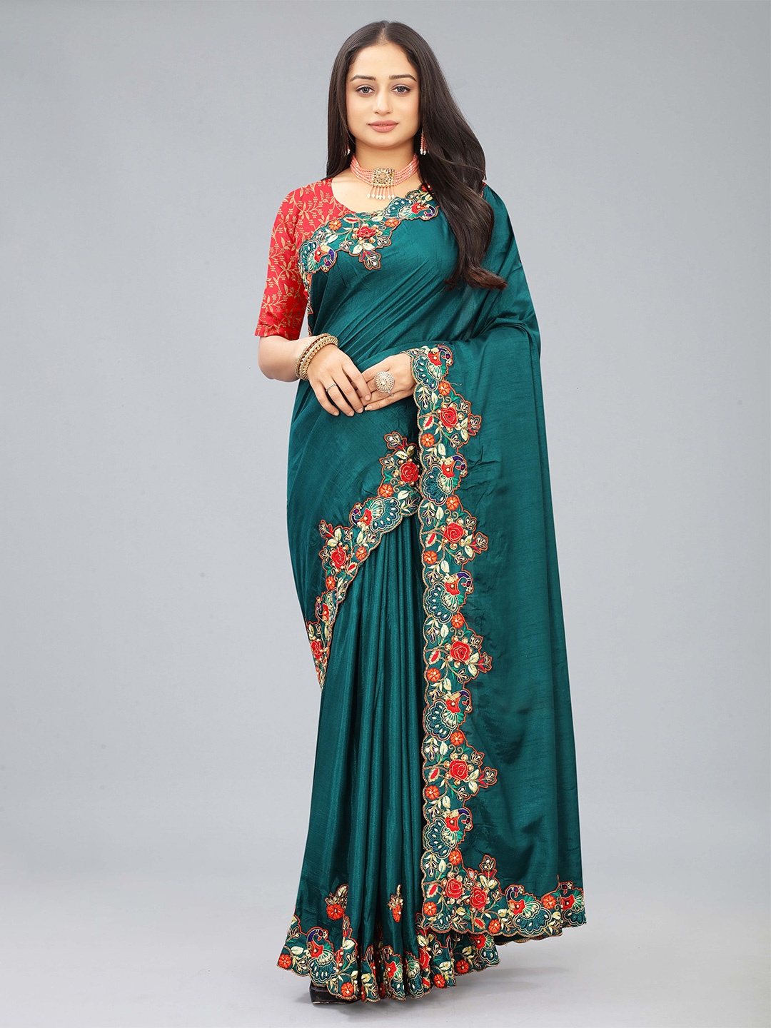 

Kiwie Embroidered Art Silk Heavy Work Saree, Teal