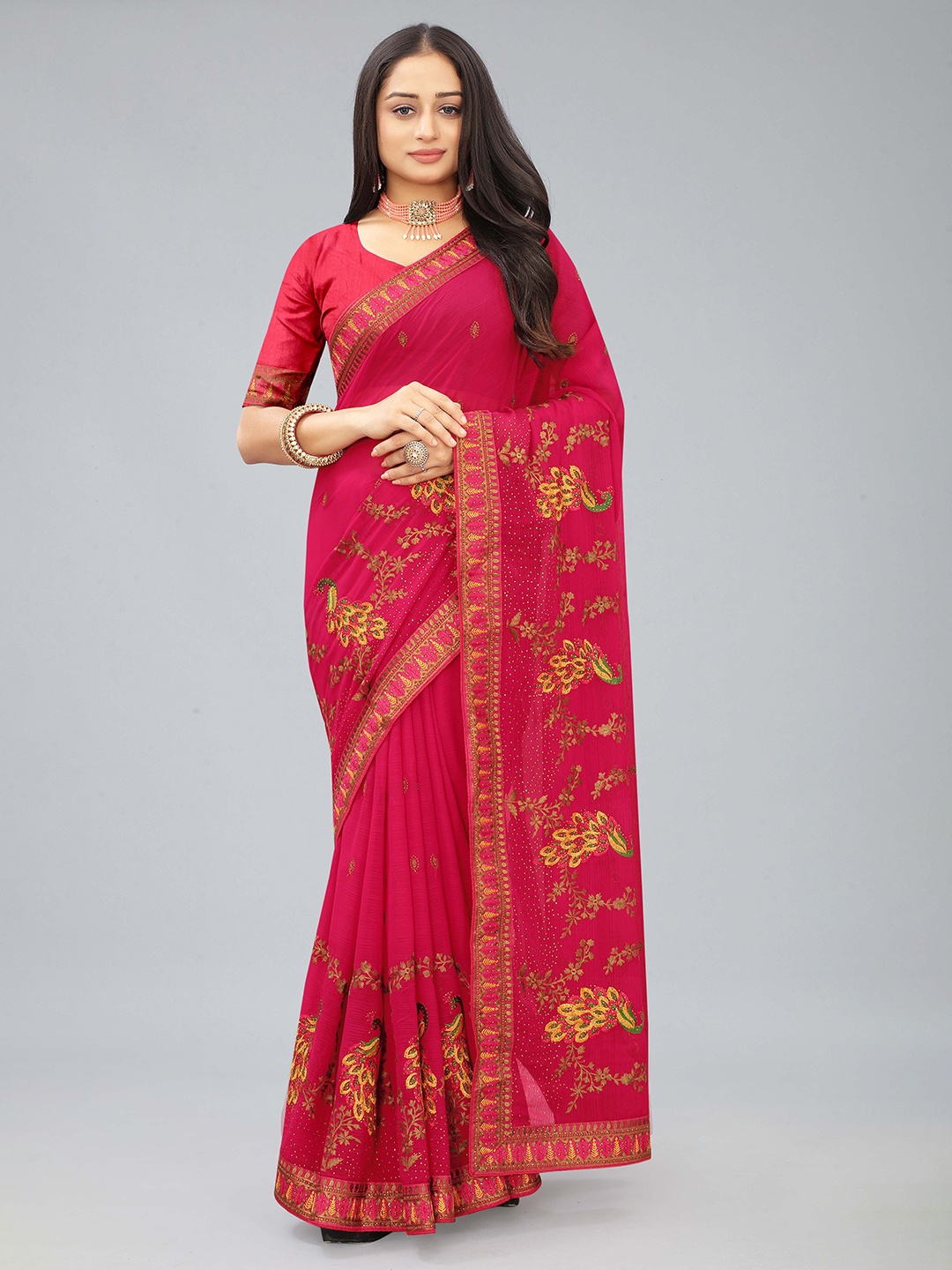 

Kiwie Pink Beads and Stones Chiffon Heavy Work Saree with Blouse