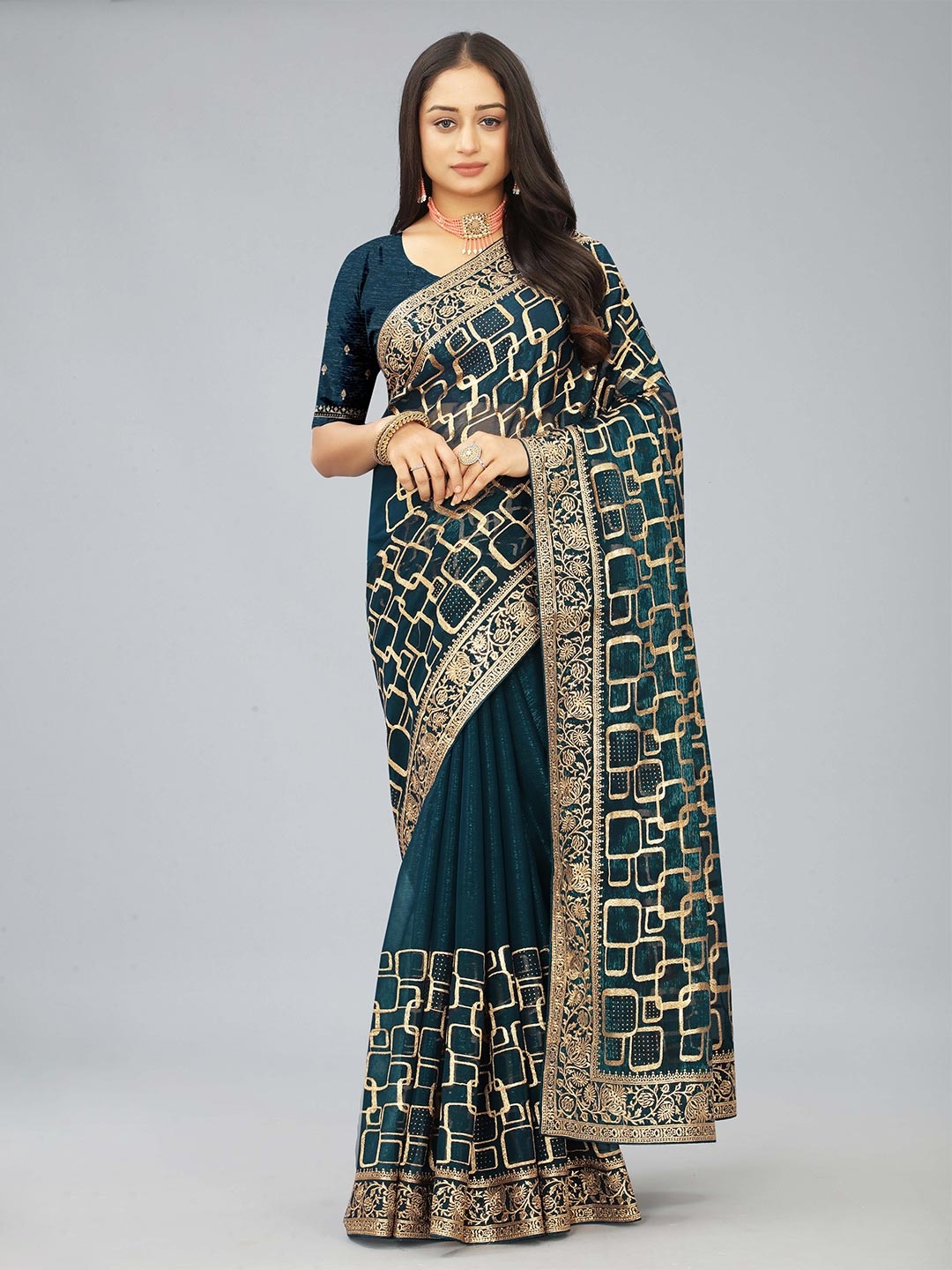 

Kiwie Geometric Printed Heavy Work Saree, Teal