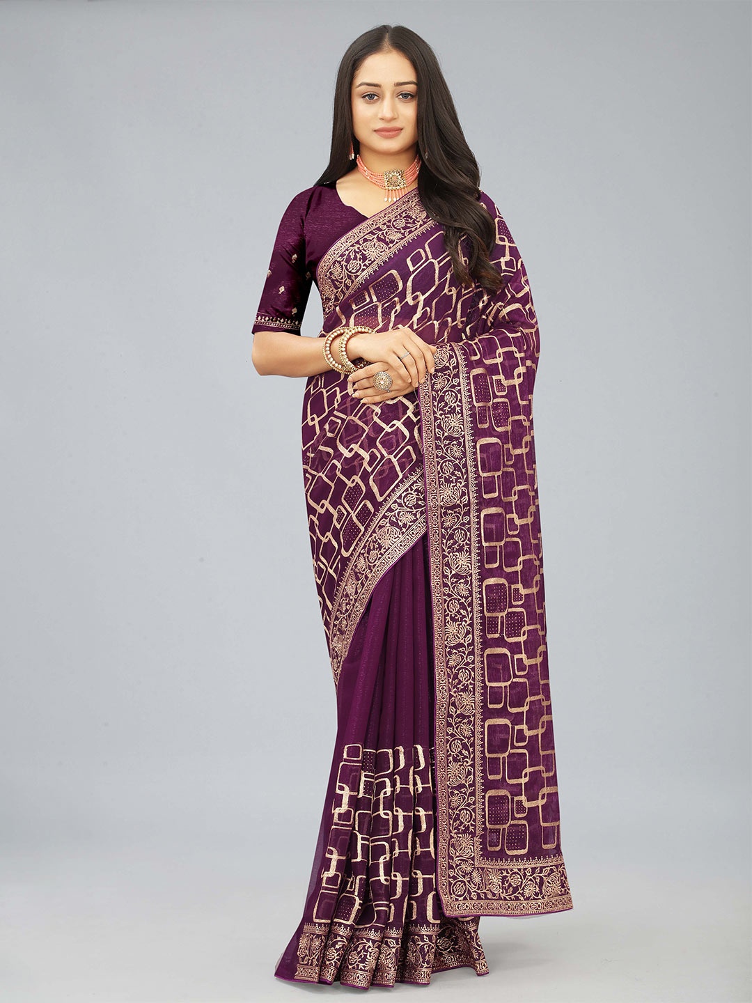 

Kiwie Geometric Embroidered Heavy Work Saree, Lavender