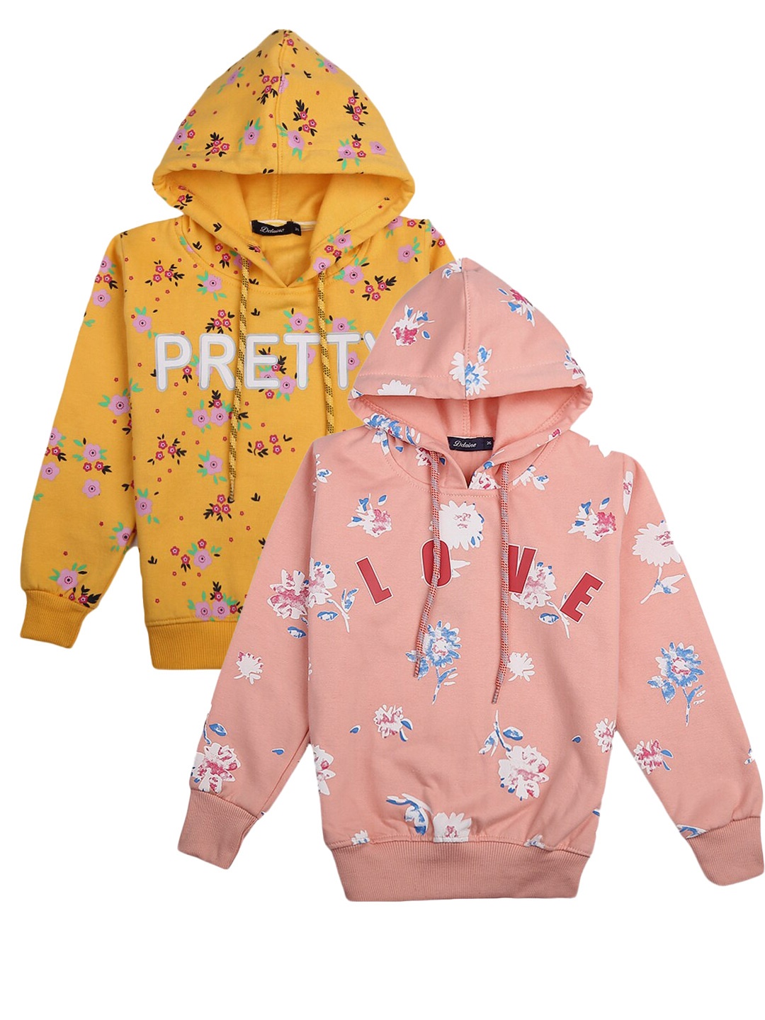 

V-Mart Girls Pack Of 2 Floral Printed Hooded Cotton Pullover, Yellow