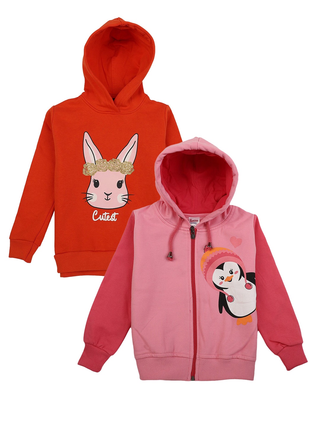 

V-Mart Girls Pack Of 2 Graphic Printed Hooded Cotton Sweatshirt, Orange