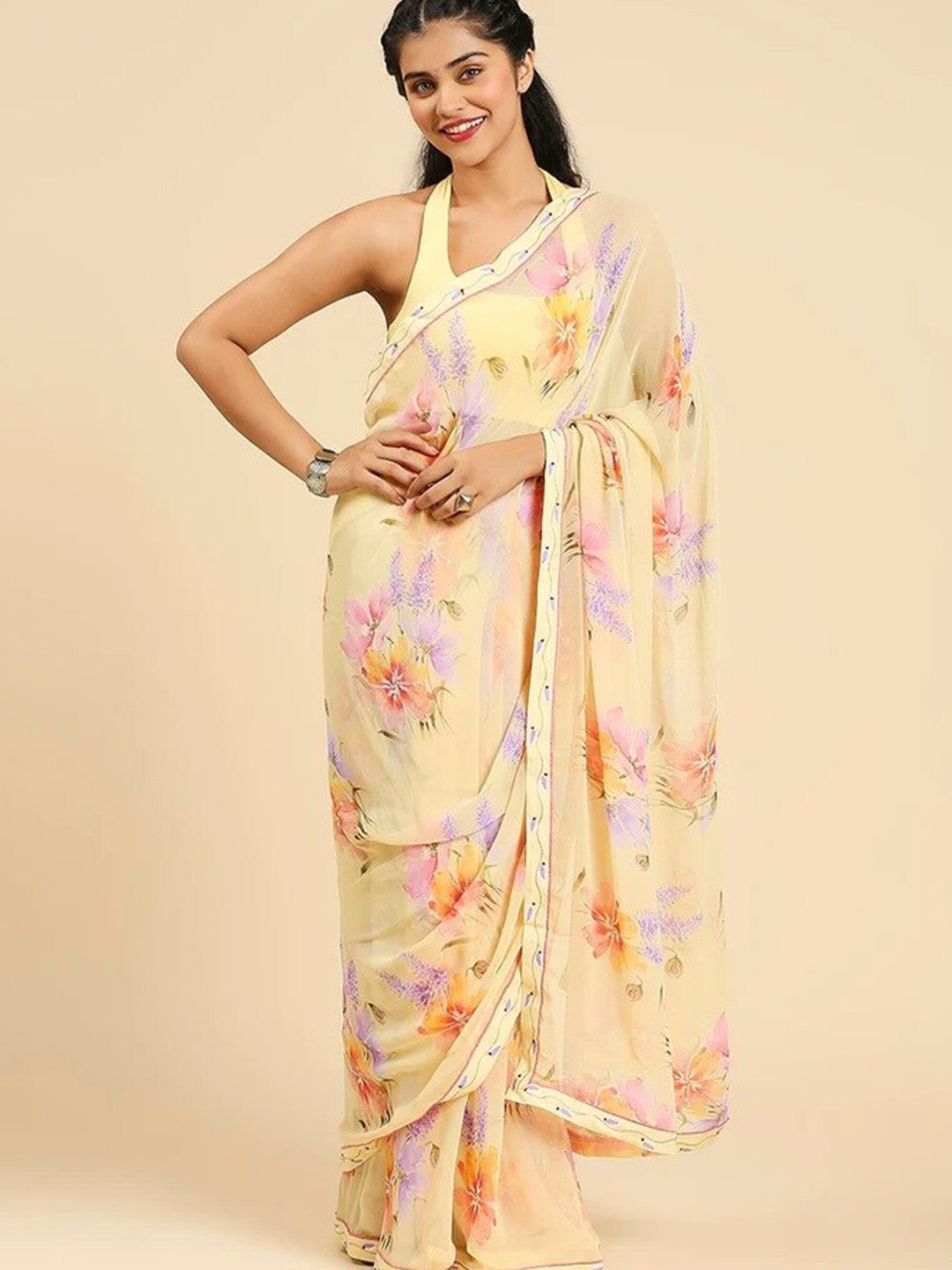 

Tasarika Yellow Floral Poly Georgette Saree