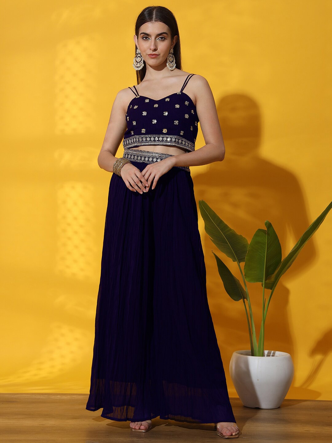 

Chhabra 555 Embellished Shoulder Straps Top With Skirt & Dupatta & Shrug, Navy blue