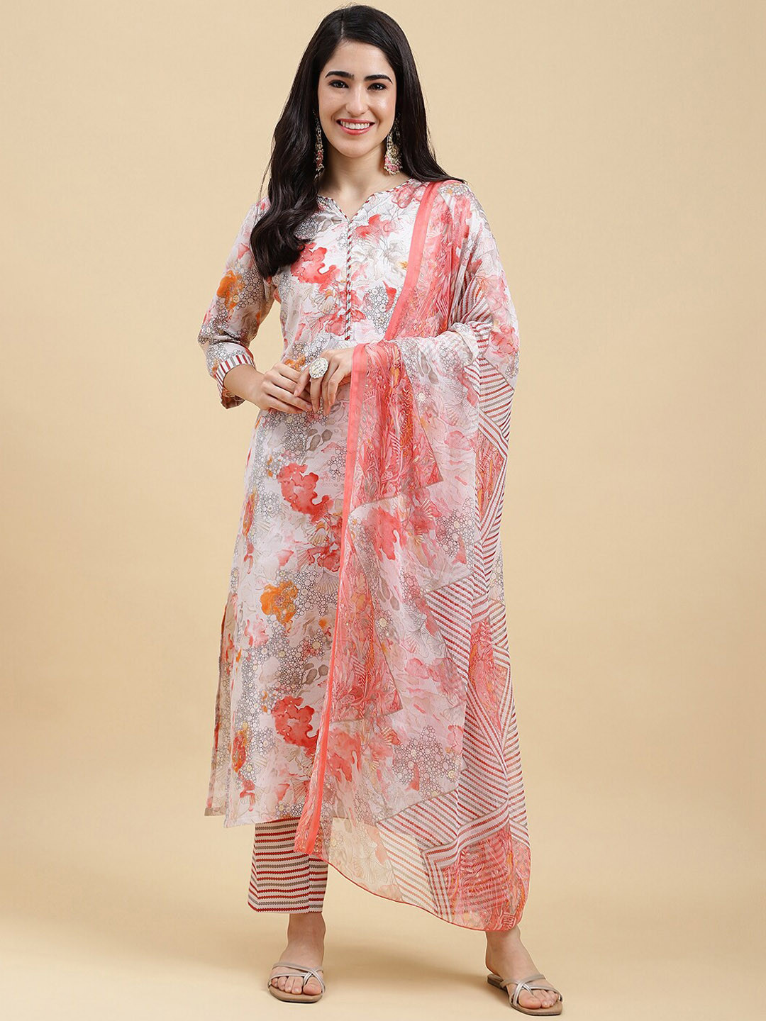 

HERE&NOW Floral Printed Regular Kurta With Trousers & Dupatta, White