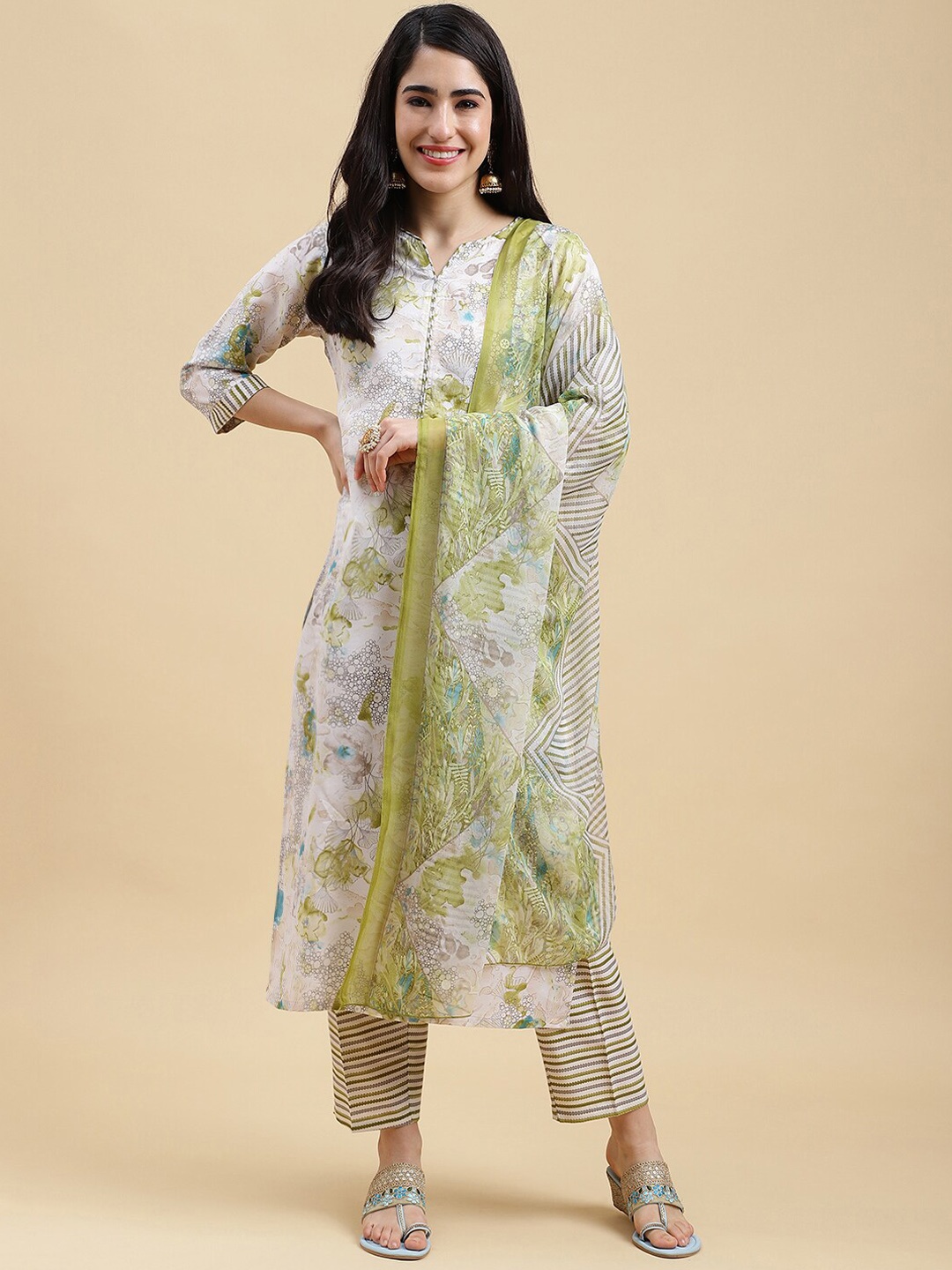 

HERE&NOW Floral Printed Regular Kurta With Trousers & Dupatta, White