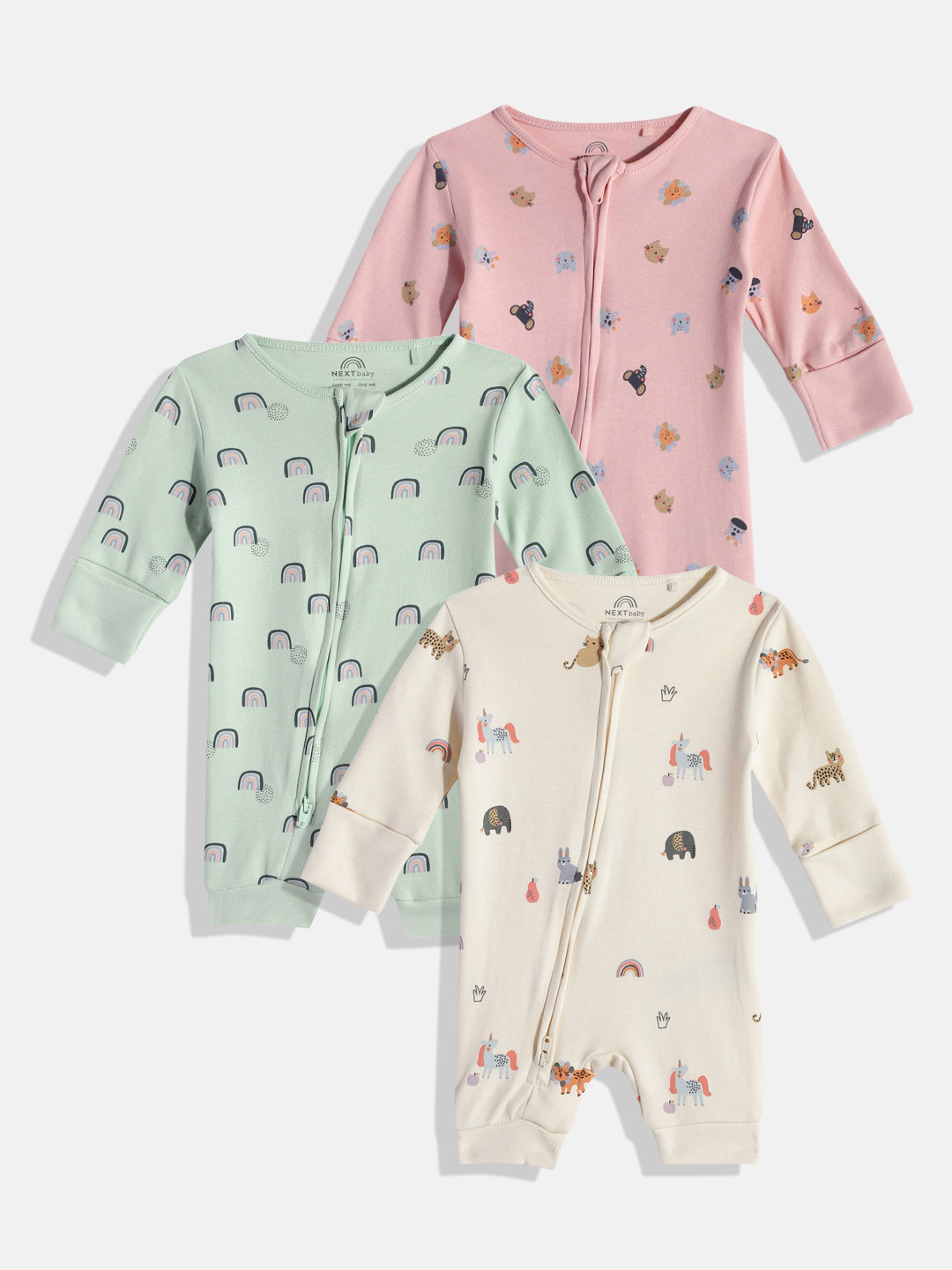 

NEXT Infants Girls Pack Of 3 Printed Cotton Sleepsuits, Pink