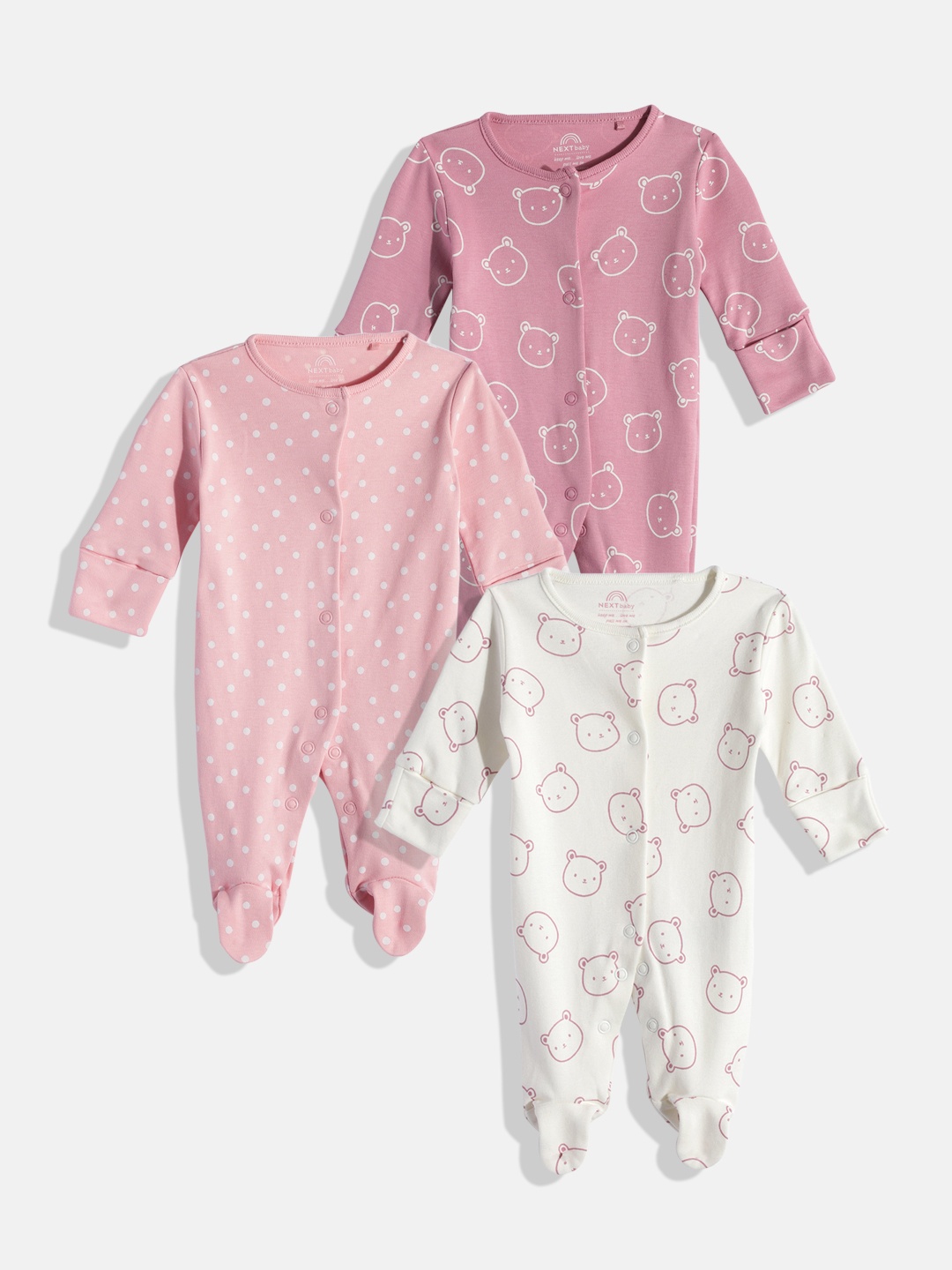 

NEXT Infants Girls Pack Of 3 Printed Cotton Sleepsuits, Pink