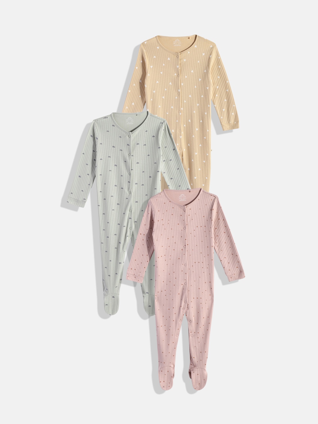 

NEXT Infant Kids Pack Of 3 Printed Pure Cotton Sleepsuits, Yellow