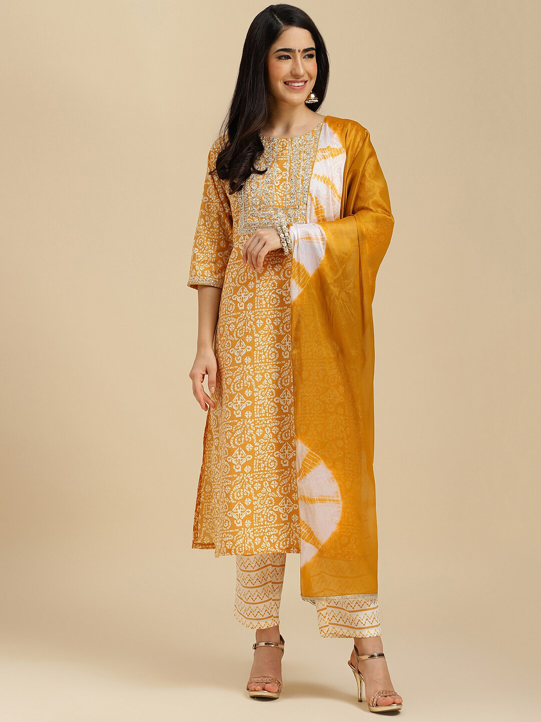 

HERE&NOW Mustard Yellow Ethnic Motif Printed Straight Kurta & Trousers With Dupatta