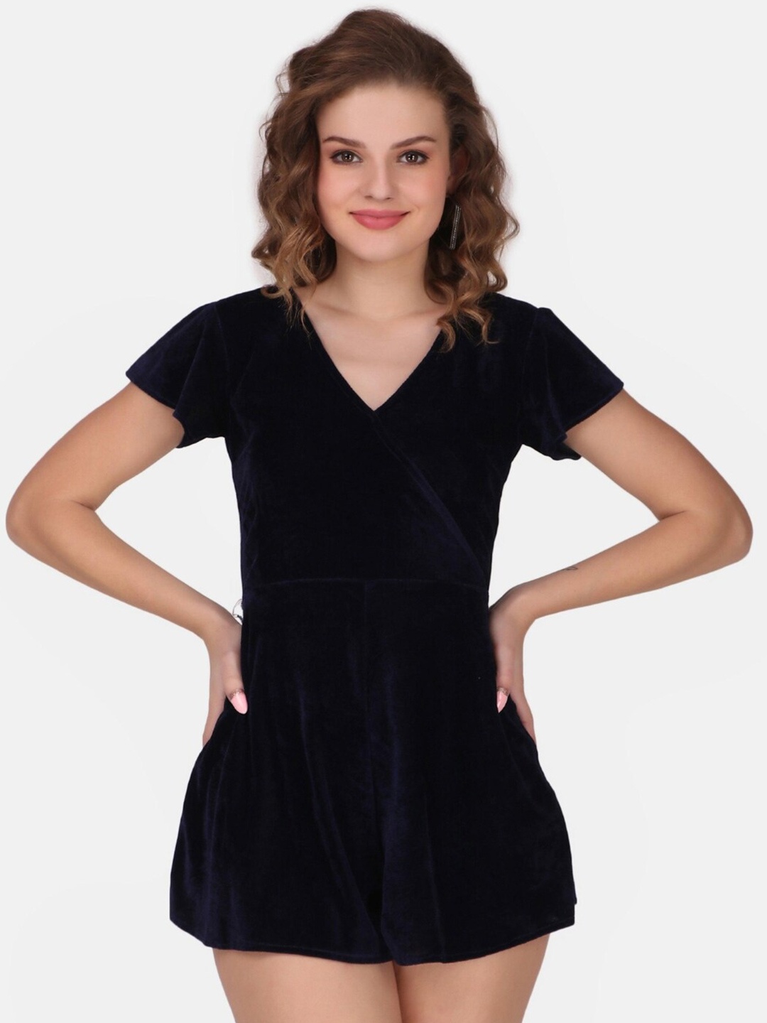 

STARIN V-Neck Flared Sleeves Velvet Playsuit, Navy blue