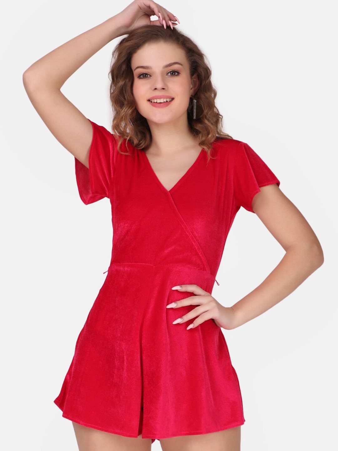 

STARIN V-Neck Flared Sleeves Velvet Playsuit, Magenta