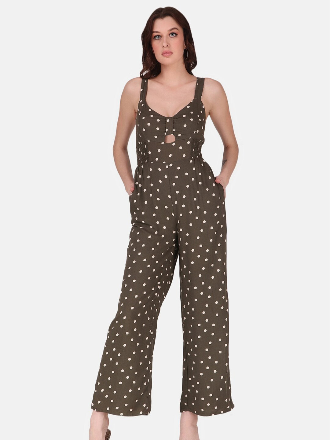 

STARIN Polka Dots Sweetheart Neck Gathers Culotte Jumpsuit, Green