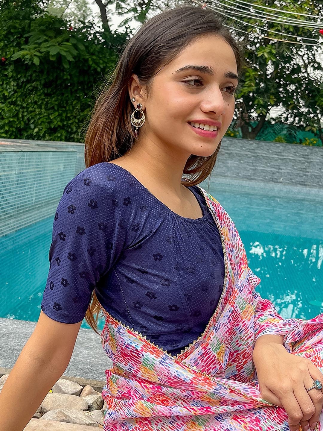 

Bindigasm's Advi Self Design Gathered Detail Stretchable Jacquard Saree Blouse, Navy blue