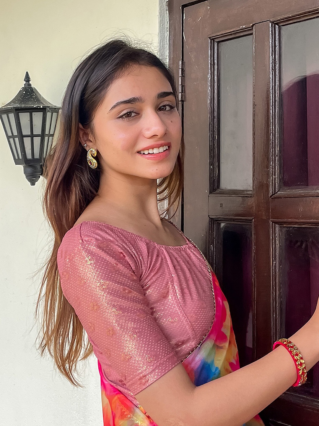 Bindigasm's Advi Self Design Gathered Detail Stretchable Jacquard Saree Blouse, Pink