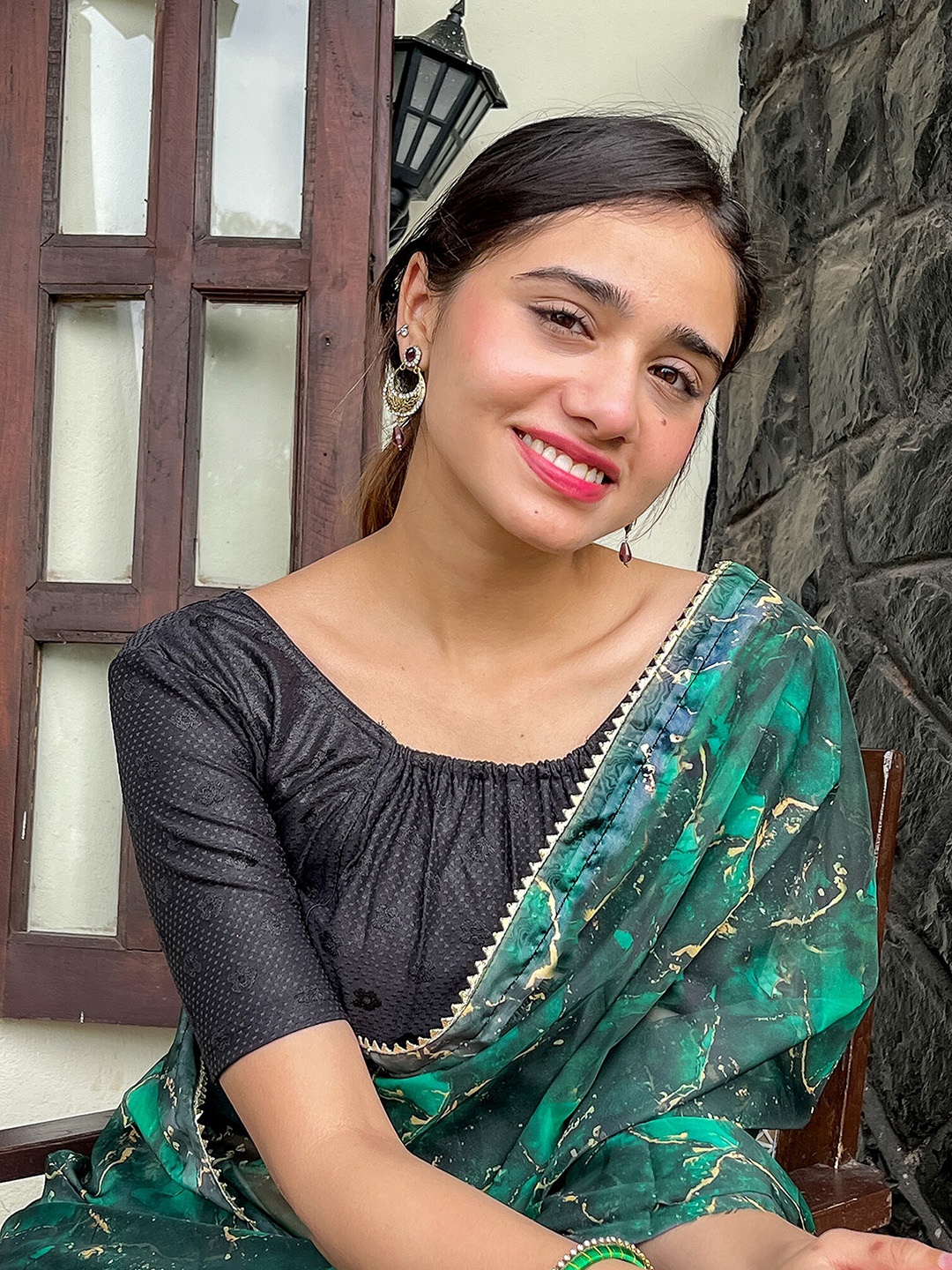 

Bindigasm's Advi Self Design Gathered Detail Stretchable Jacquard Saree Blouse, Black
