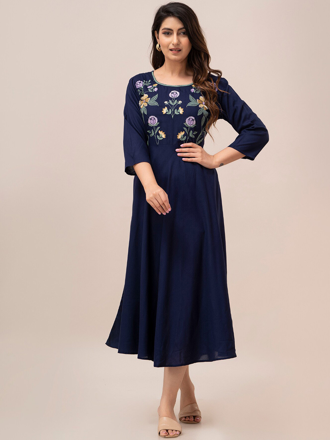 

FrionKandy Floral Embroidered Thread Work Anarkali Kurta, Navy blue