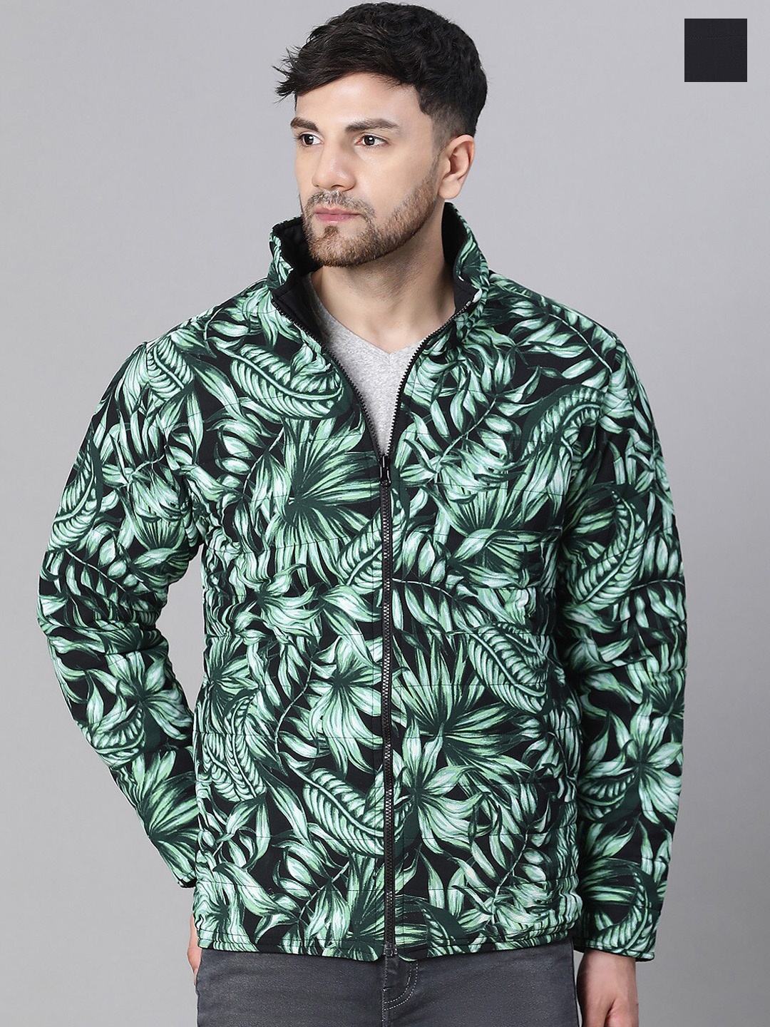 

Oxolloxo Floral Printed Long Sleeves Reversible Cycling Puffer Jacket, Green