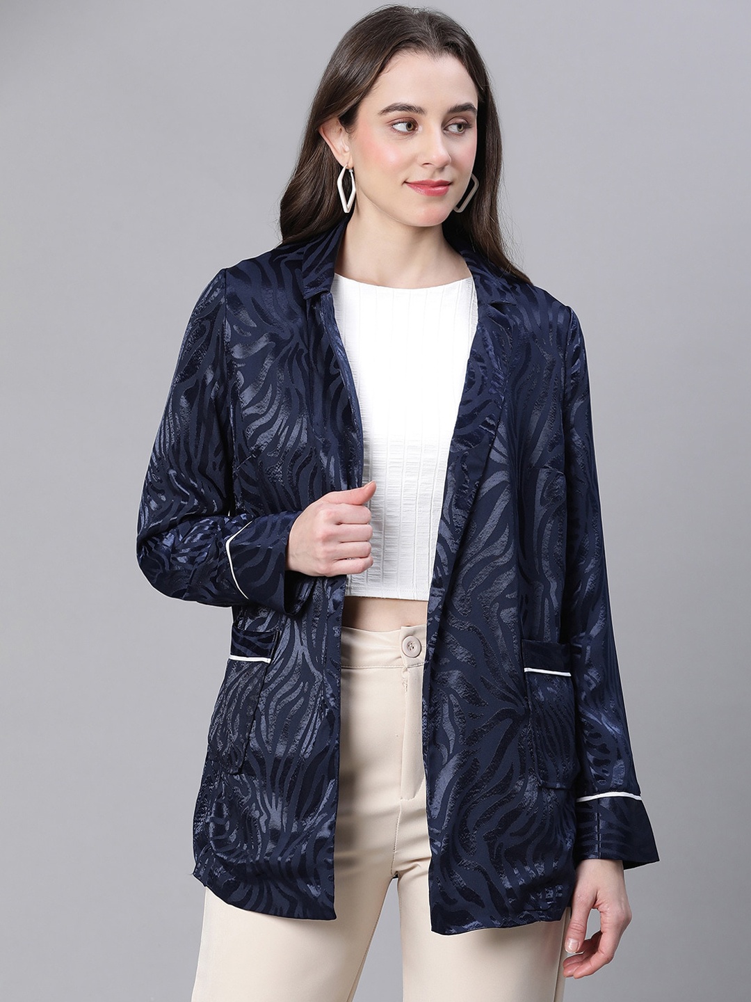 

Oxolloxo Printed Lightweight Open Front Jacket, Navy blue