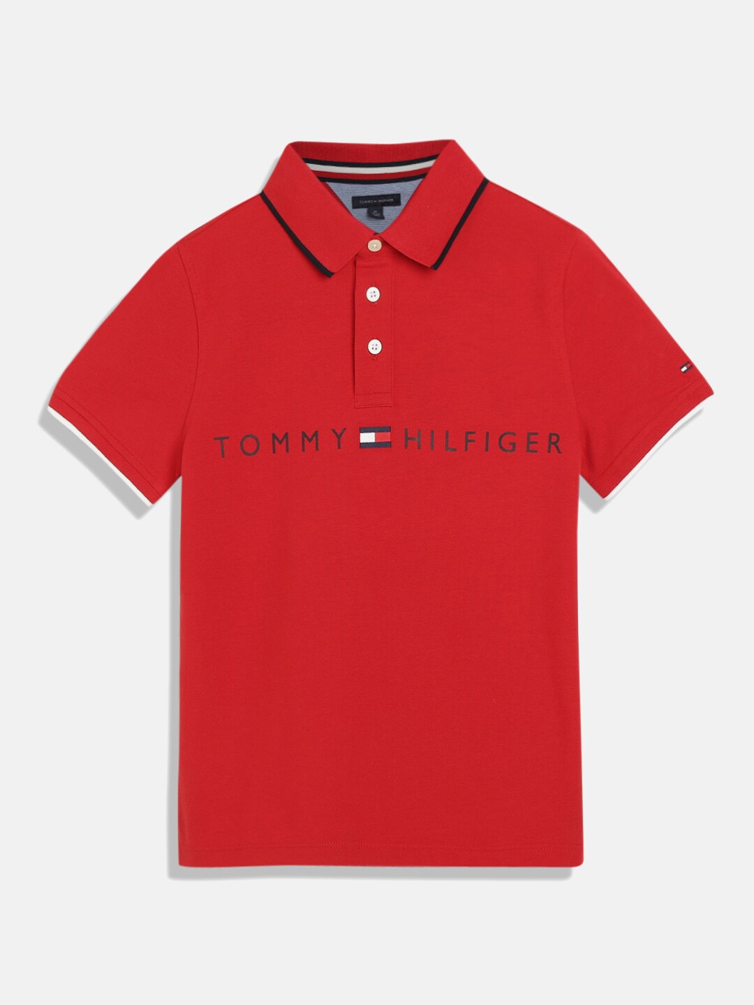 

Tommy Hilfiger Boys Brand Logo Printed Polo Collar Pure Cotton T-shirt, Red