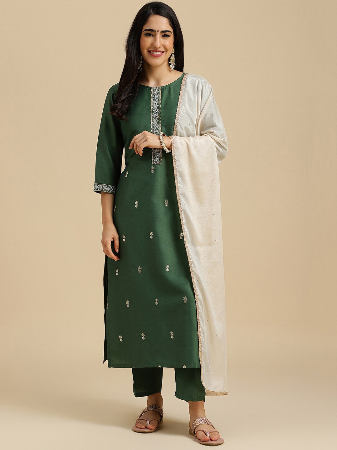 

HERE&NOW Green Ethnic Motifs Embroidered Kurta With Trousers & Dupatta