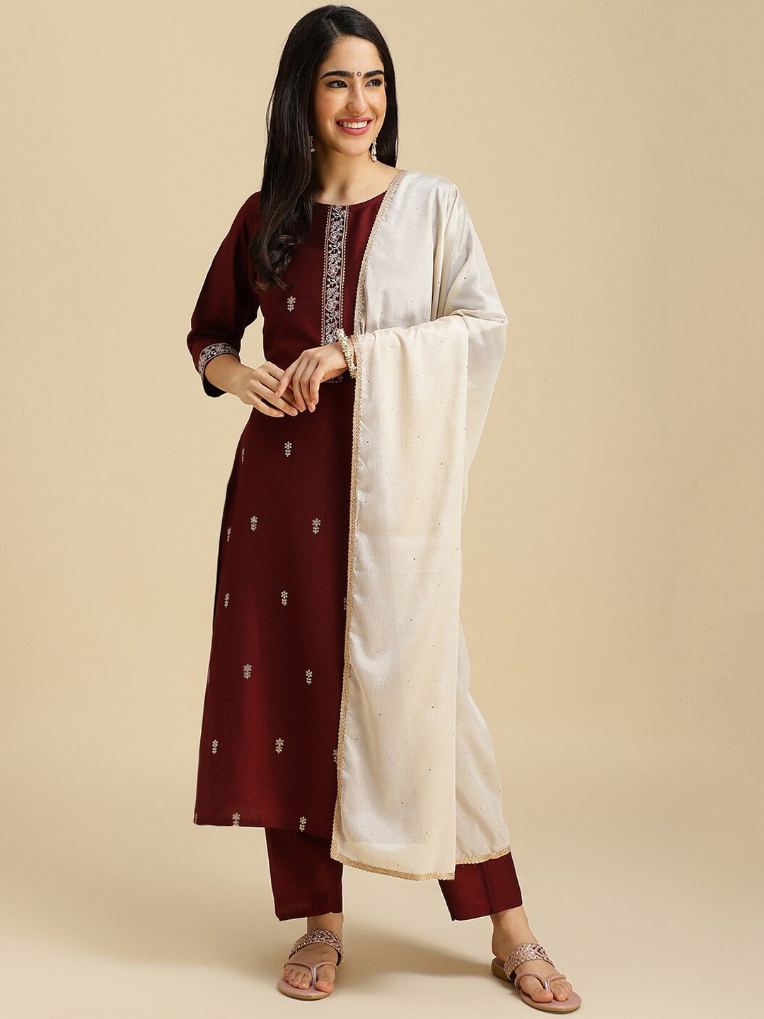 

HERE&NOW Maroon Ethnic Motifs Embroidered Kurta With Trousers & Dupatta