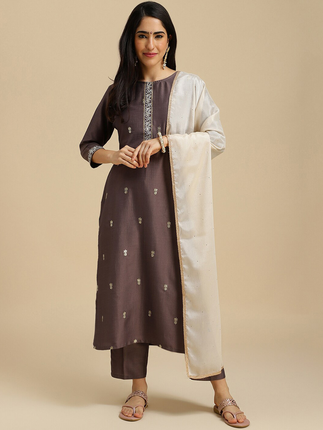 

HERE&NOW Grey Ethnic Motifs Embroidered Kurta With Trousers & Dupatta