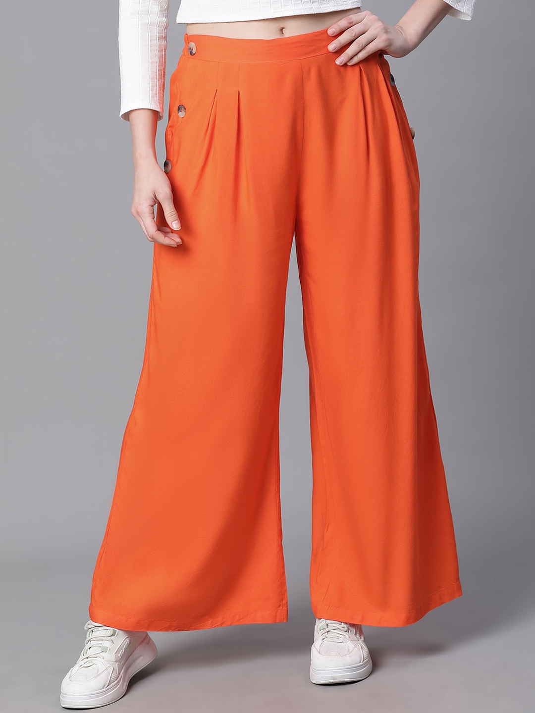 

Oxolloxo Women Relaxed Easy Wash Pleated Trousers, Orange