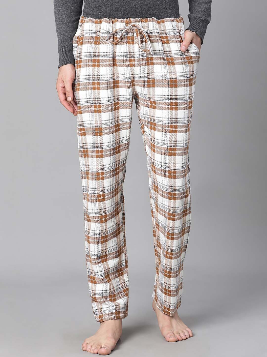 

Oxolloxo Men Checked Cotton Mid Rise Lounge Pant, Beige