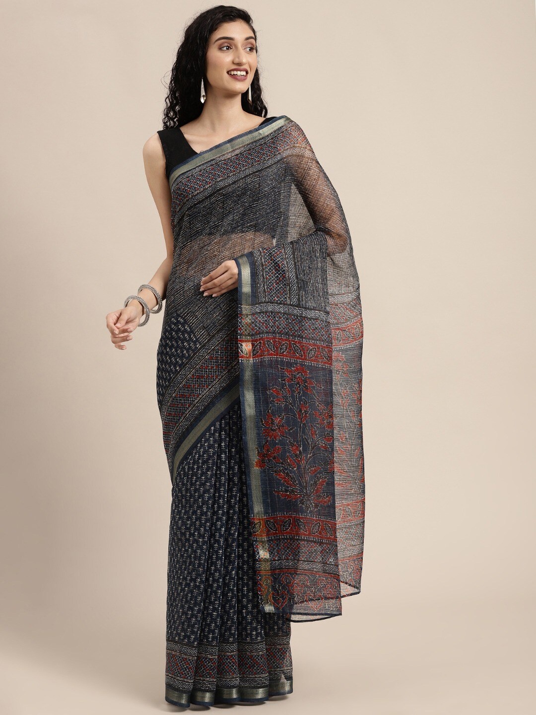 

HRITIKA Ethnic Motifs Printed Zari Saree, Navy blue