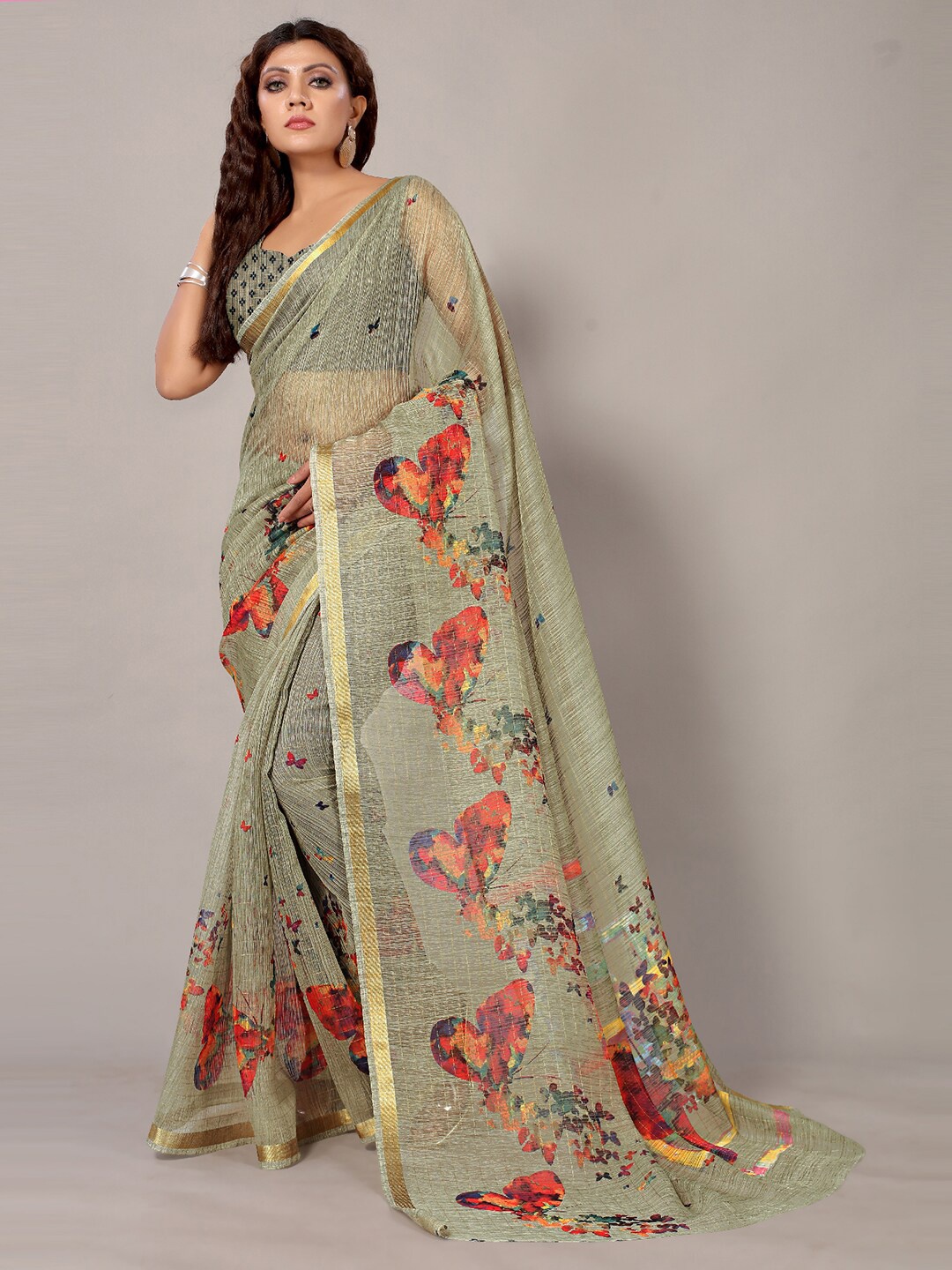 

HRITIKA Abstract Printed Zari Saree, Green