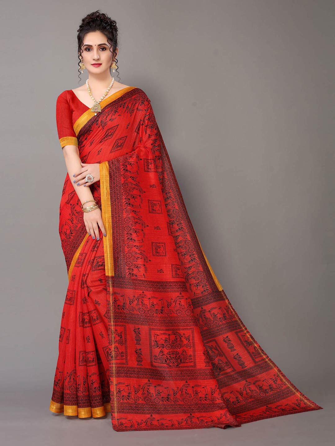 

HRITIKA Red Ethnic Motifs Printed Art Silk Saree