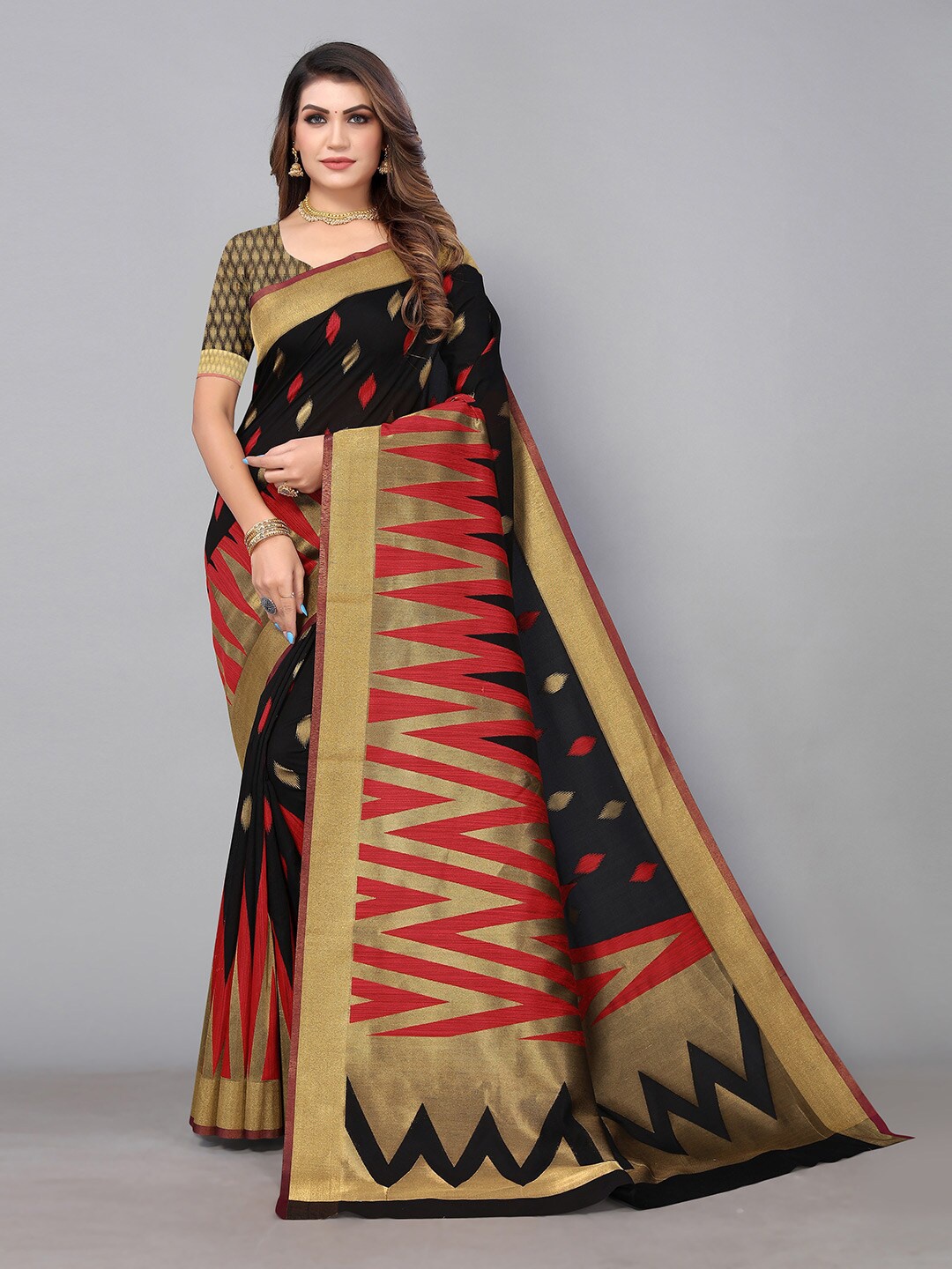 

HRITIKA Geometric Woven Design Silk Cotton Saree, Black