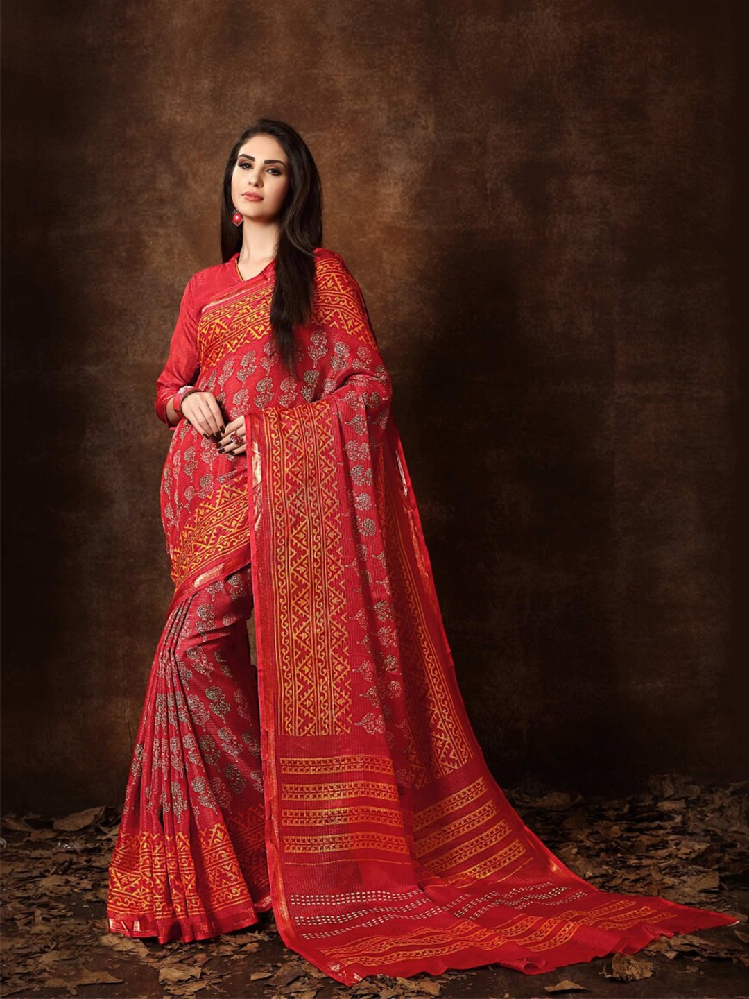 

HRITIKA Ethnic Motifs Printed Zari Saree, Red