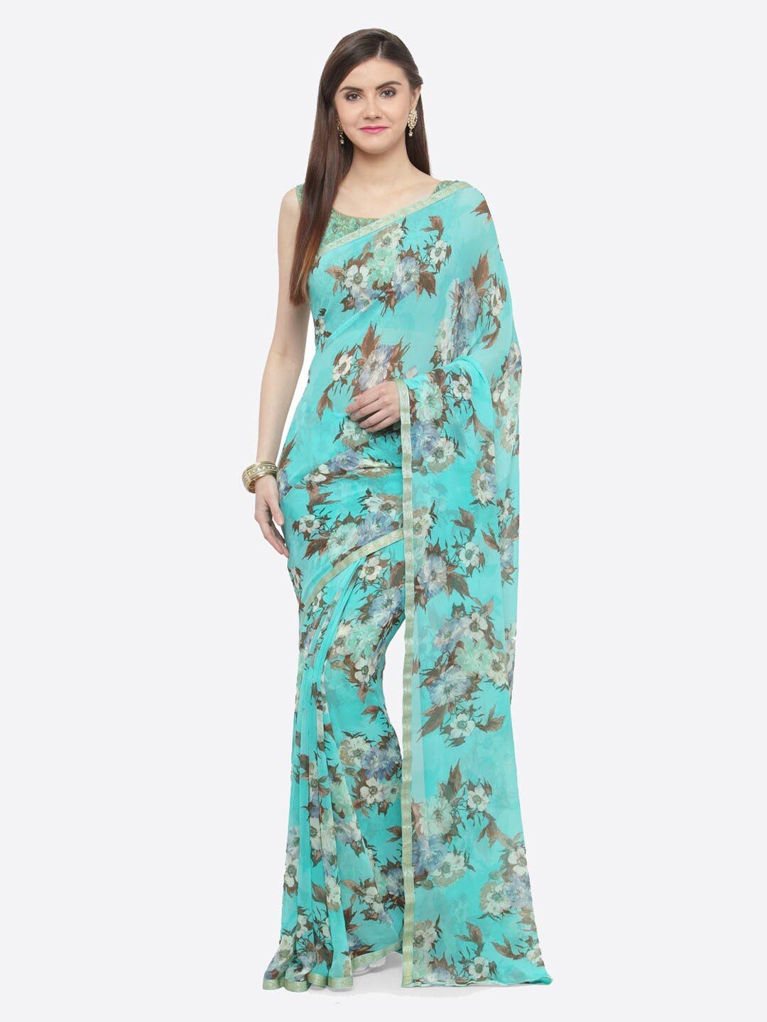

HRITIKA Floral Printed Zari Detailed Pure Georgette Saree, Turquoise blue