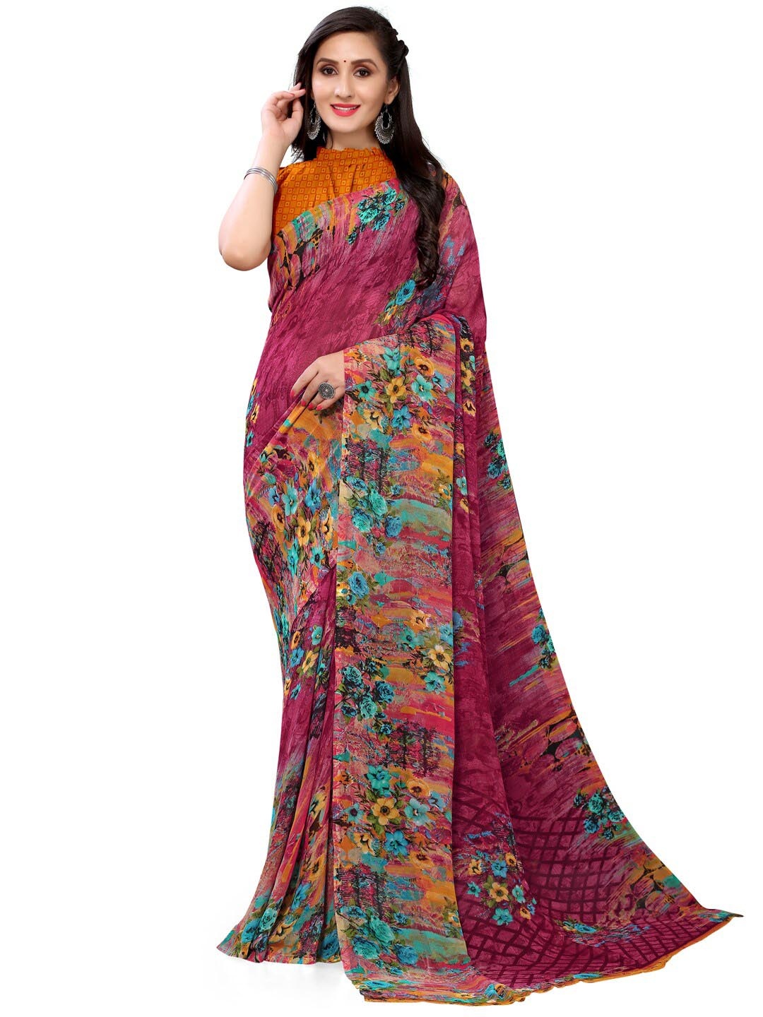 

HRITIKA Floral Printed Pure Georgette Saree, Pink